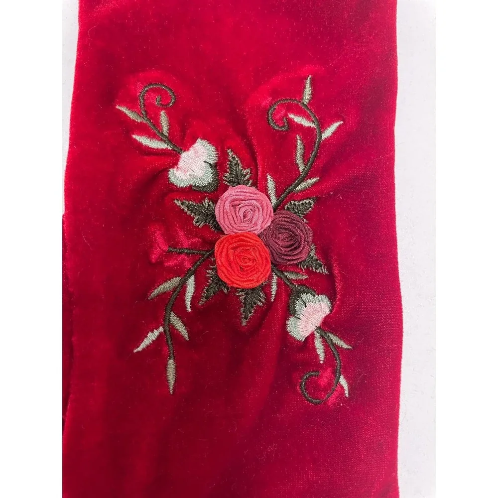 Vtg Lauer Red Velvet Embroidered Floral Dress Gloves‎ Elegant Evening Occasion